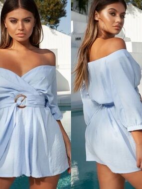 Oh Polly Loop The Loop Off The Shoulder Bardot Shirt Dress in Blue